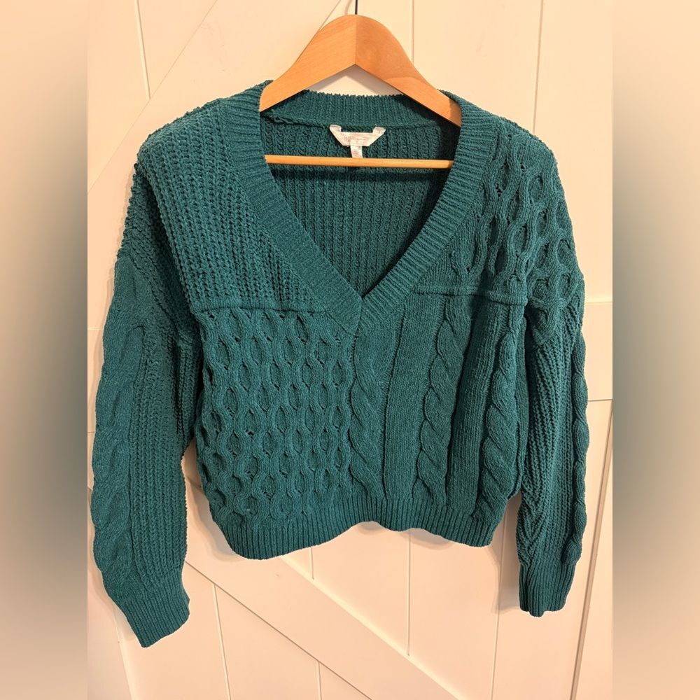 No Boundaries Emerald Green V-Neck Cable Sweater Crochet Women’s Large